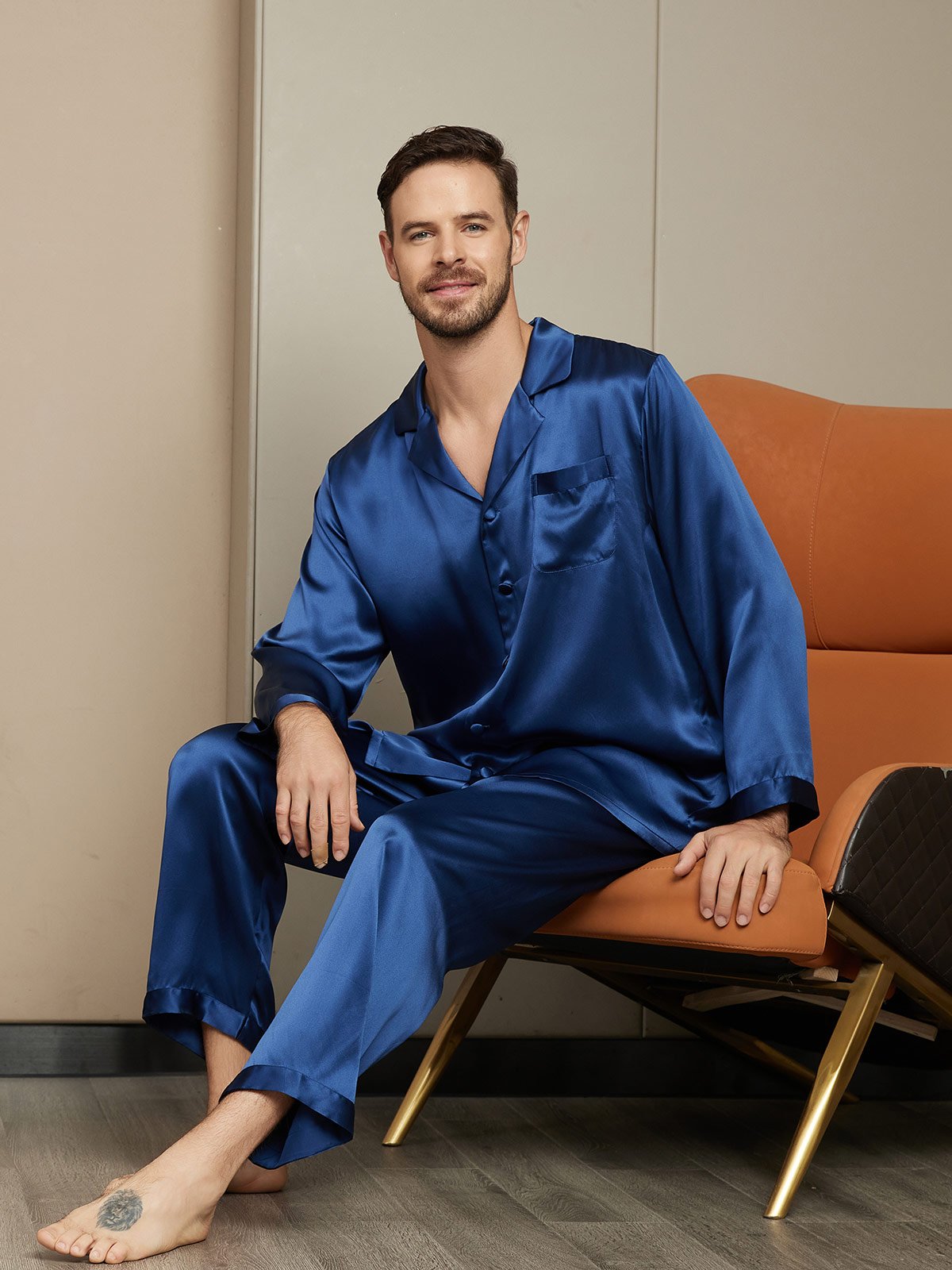[Dark Blue] SilkSilky-UK Pure Silk Mens Pajamas 003