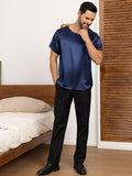 SilkSilky UK Pure Silk Short Sleeve Round Neck Men's T Shirt DarkBlue 004