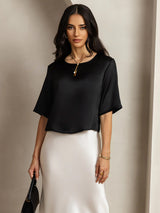 [Black] SilkSilky-UK Half Sleeve Scoop Neck Women's T-Shirt 001