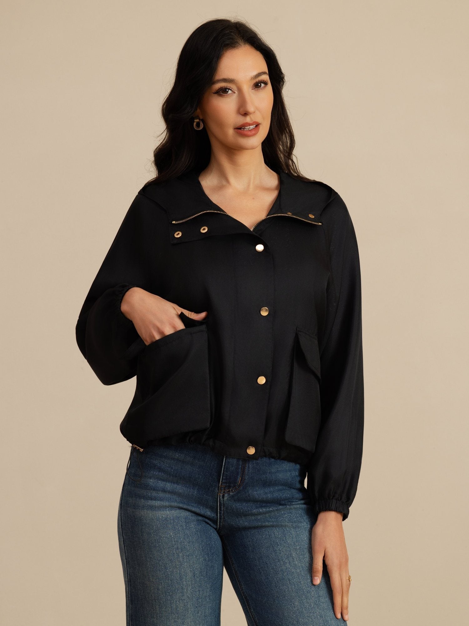 [Black] SilkSilky-UK Silk Satin Surah Long Sleeve High Neck Women's Outerwear 003