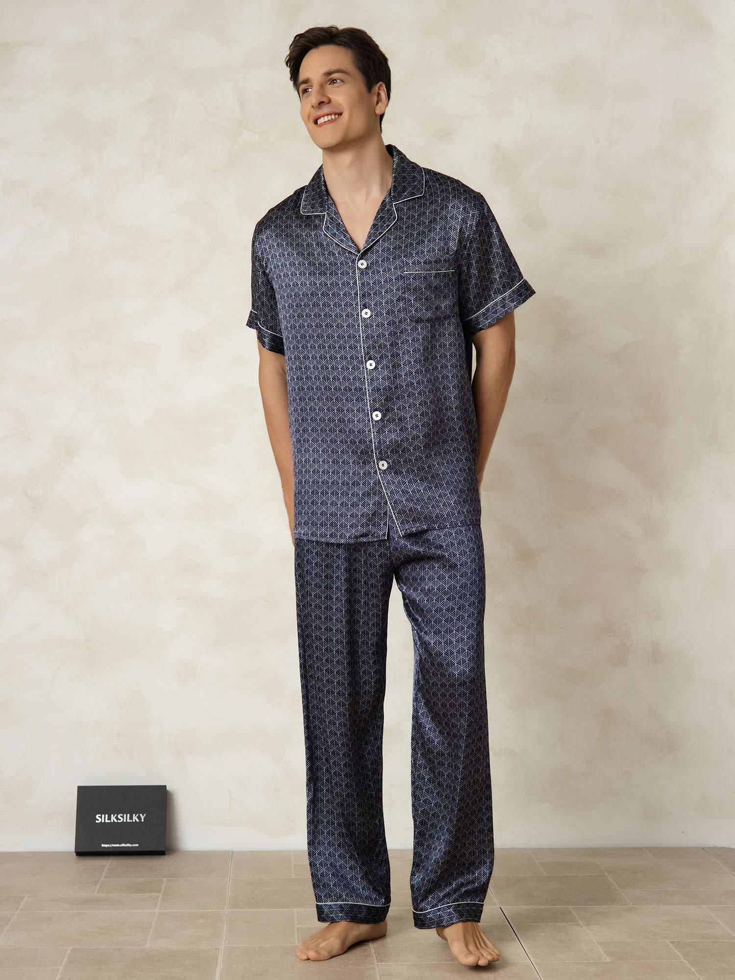 [NavyGinkgo] SilkSilky-UK Pure Silk Collar Men's Pyjamas 001
