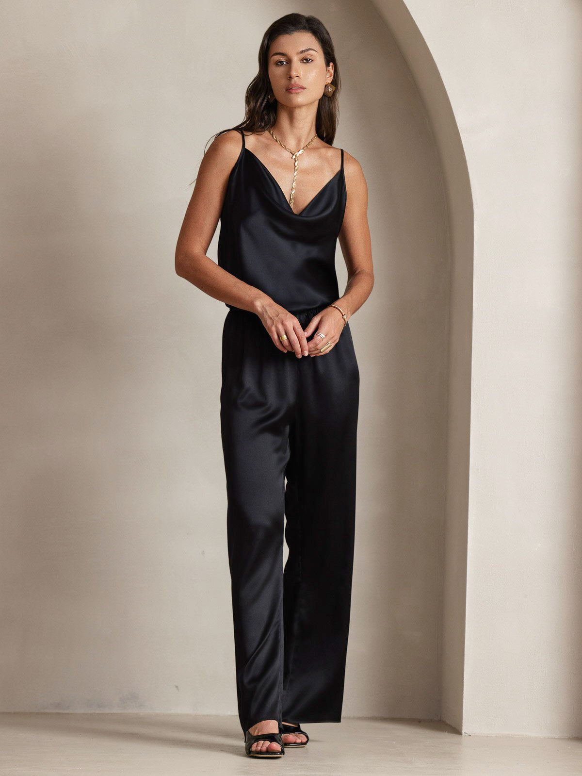 [Black] SilkSilky-UK 19Momme Silk Spaghetti Strap Cowl Neck Camisole 008