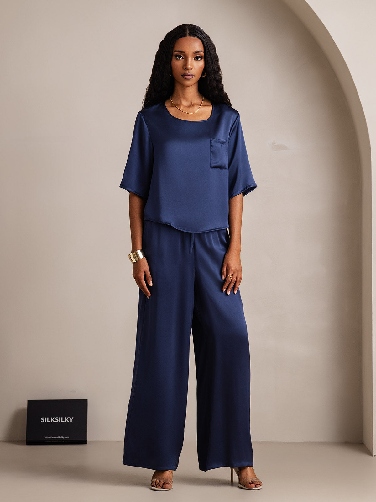 [Dark Blue] SilkSilky-UK Pure Silk Round Neck Women's Pyjamas 005