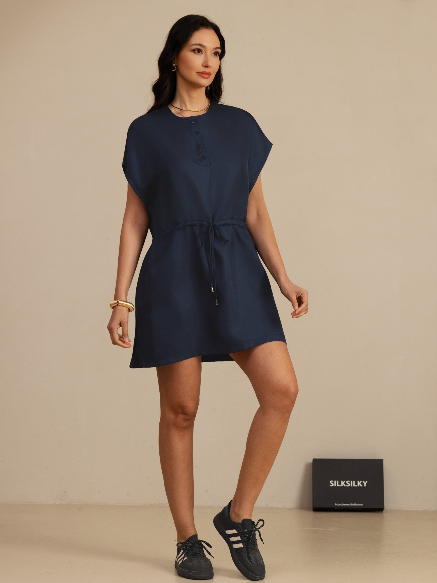 [Dark Blue] SilkSilky-UK 18Momme Silk Satin Surah Cap Sleeve Henley Neck Dress 007