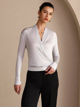 [Gray] SilkSilky-UK Long Sleeve Wrap Women's Blouse 003