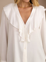 [White] SilkSilky-UK Long Sleeve Deep V Neck Women's Blouse 004