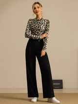 [Leopard] SilkSilky-UK 100% Silk Jersey Long Sleeve Mock Neck Women's T-Shirt 008