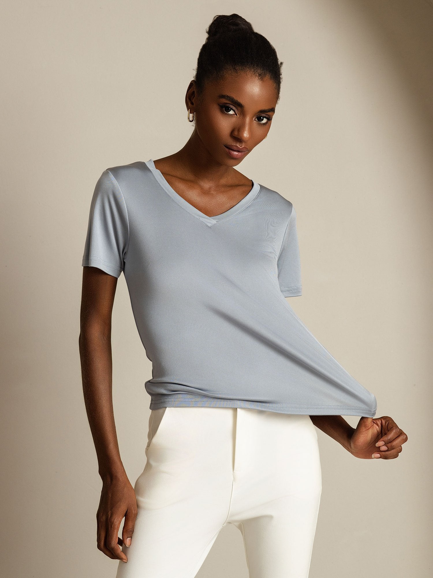 [LightGray] SilkSilky-UK Pure Silk V Neck Women's T-Shirt 006