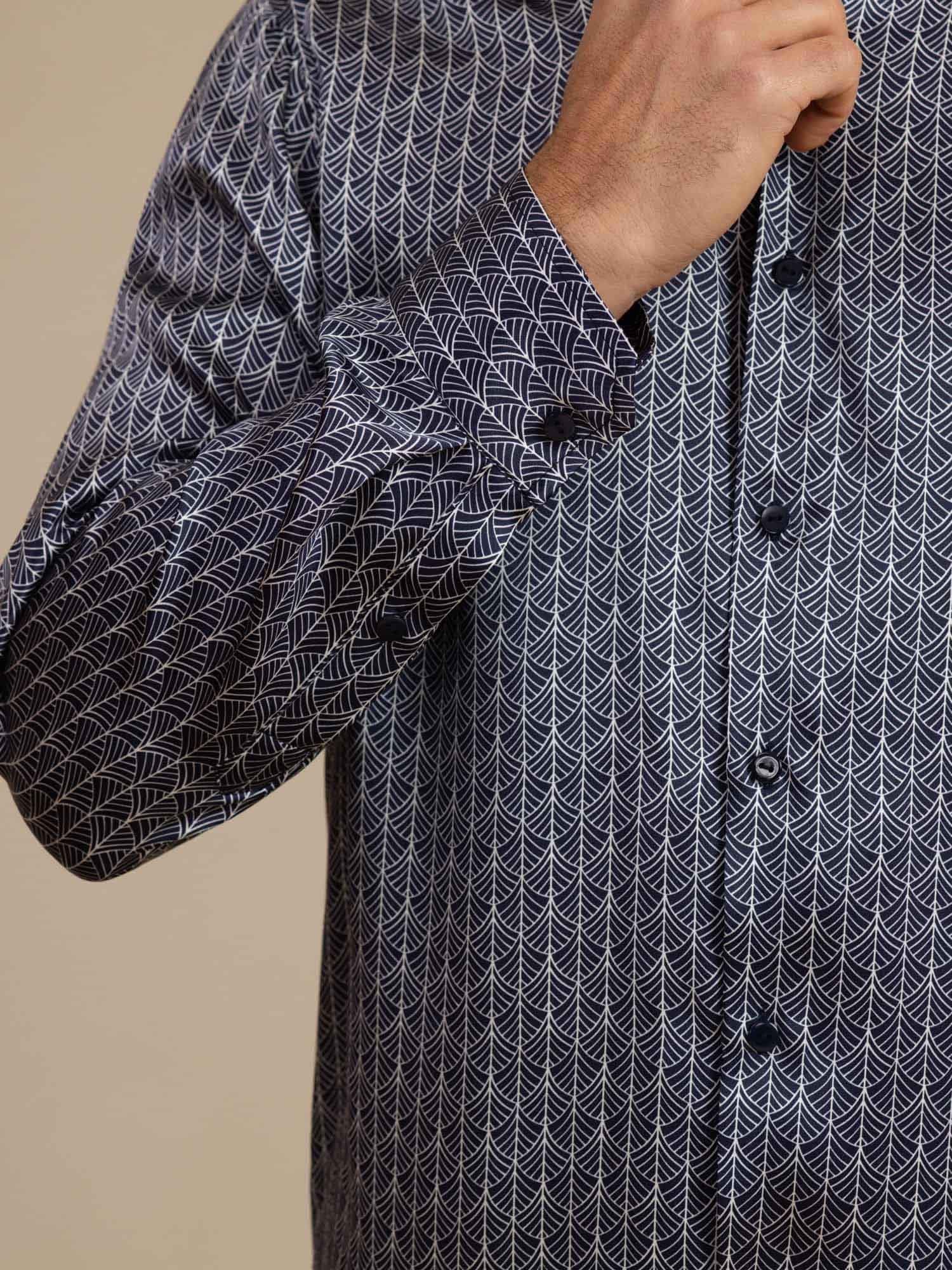 [Navy Ginkgo] SilkSilky-UK Long Sleeve Lapel Collar Men's Shirt 005