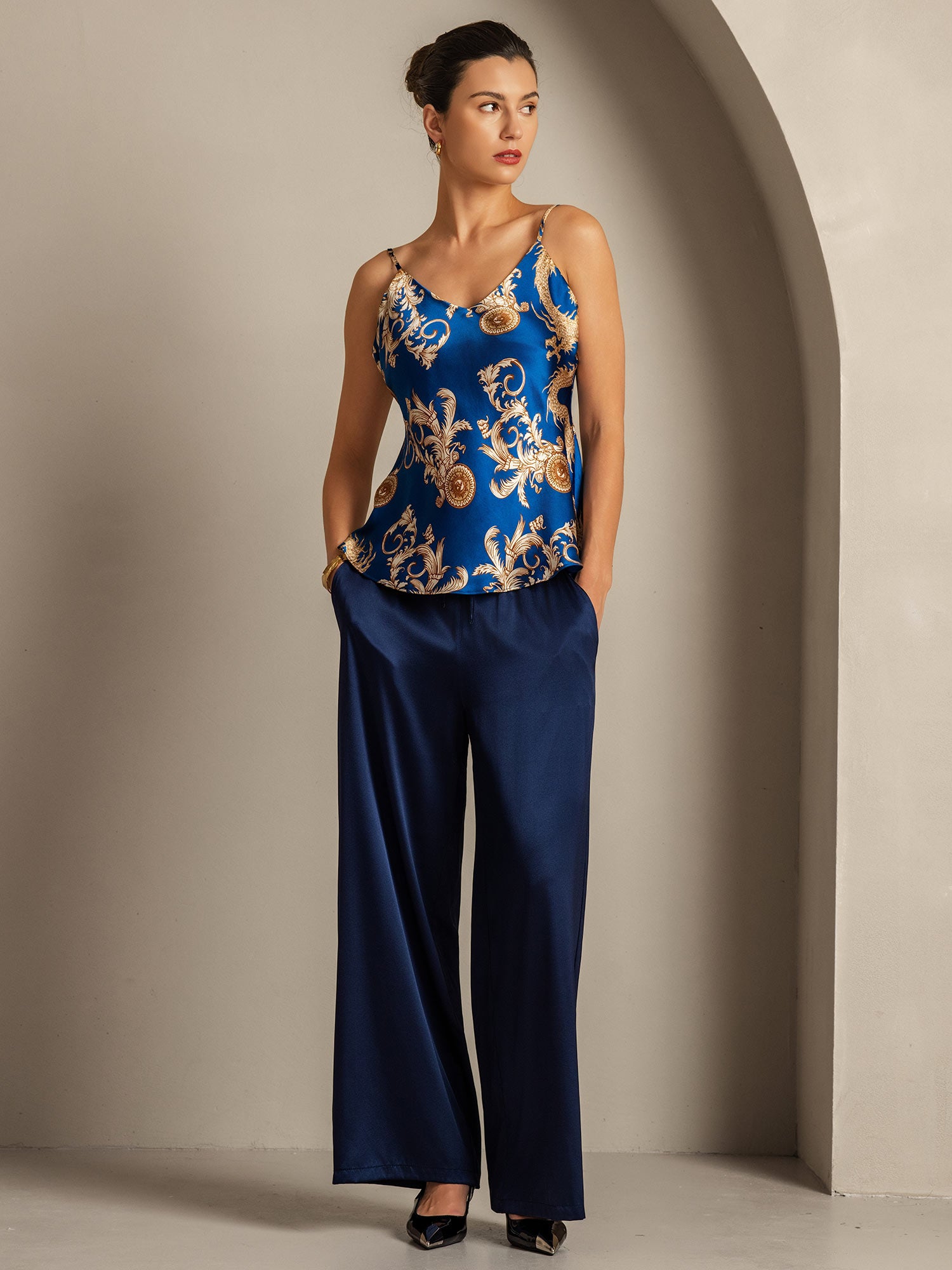 [Navy Dragon] SilkSilky-UK Pure Silk V Neck Camisole 008