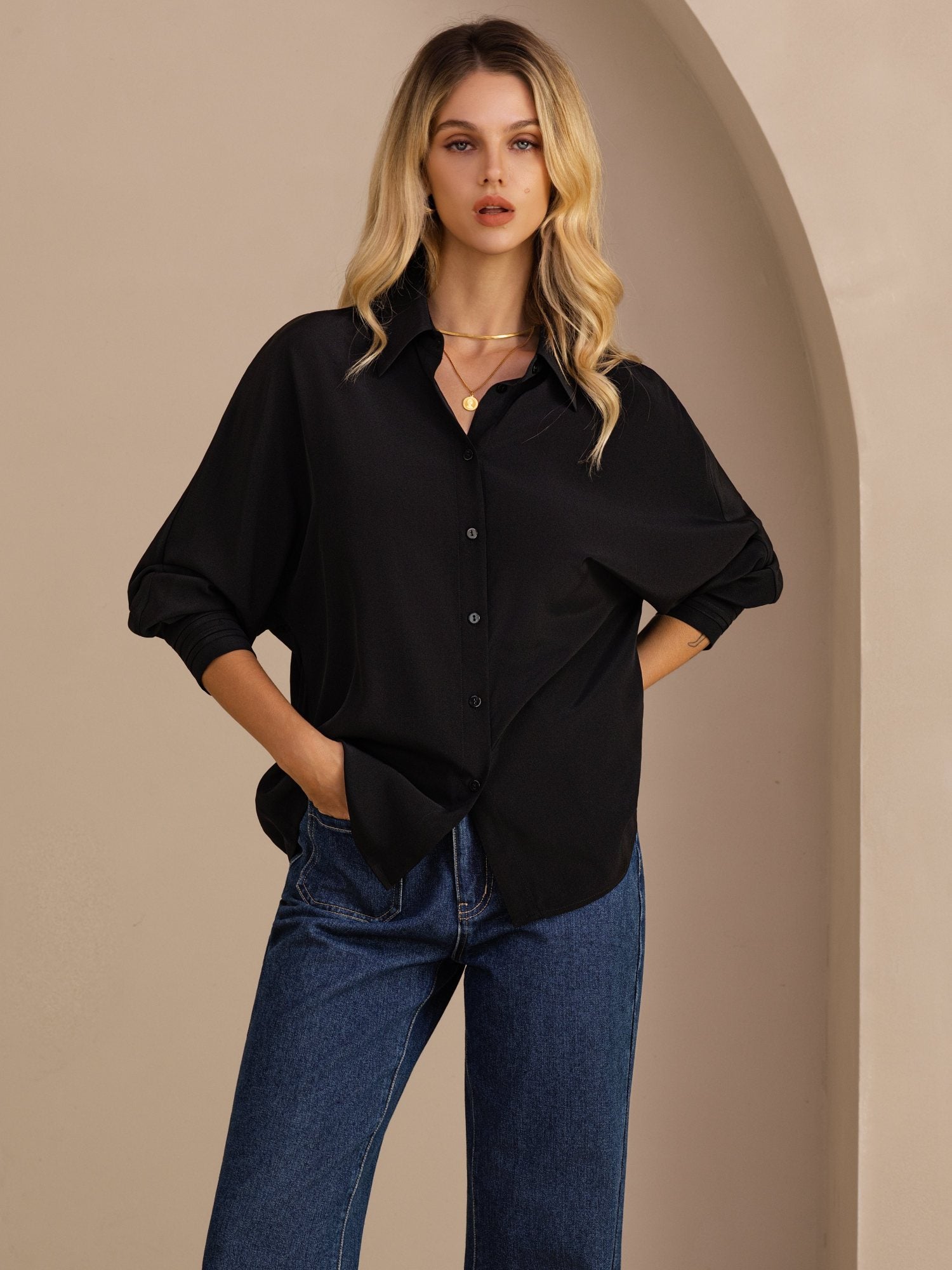 [Black] SilkSilky-UK Long Sleeve Lapel Collar Women's Shirt 001