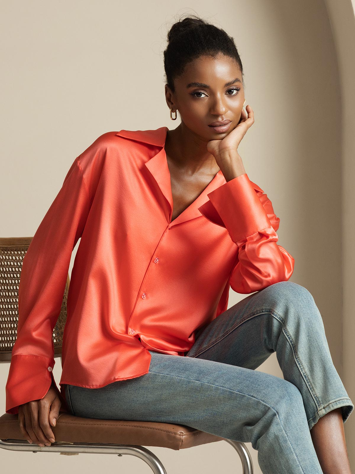 [Imperial Red] SilkSilky-UK 19Momme Silk Notch Collar Women's Shirt 001