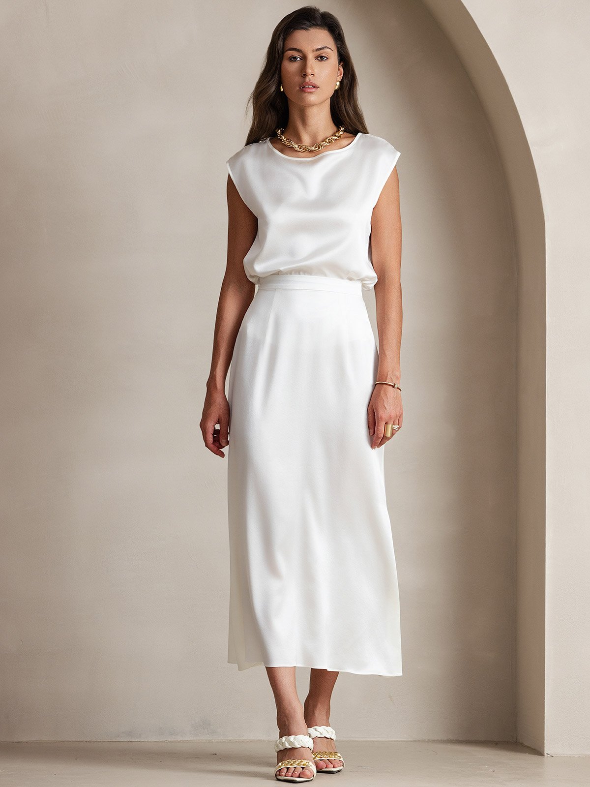 [White] SilkSilky-UK 19Momme Stretch Silk Charmeuse Skirt 005