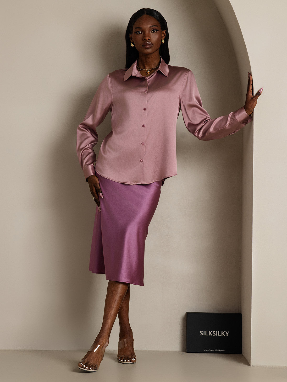 SilkSilky-UK Silk Long Sleeve Collar Women's Shirt PaleMauve 007