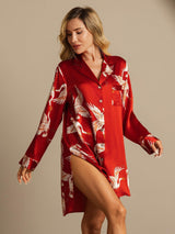 [Dark Red] SilkSilky-UK 19Momme Long Sleeve Notch Collar Nightshirt 001
