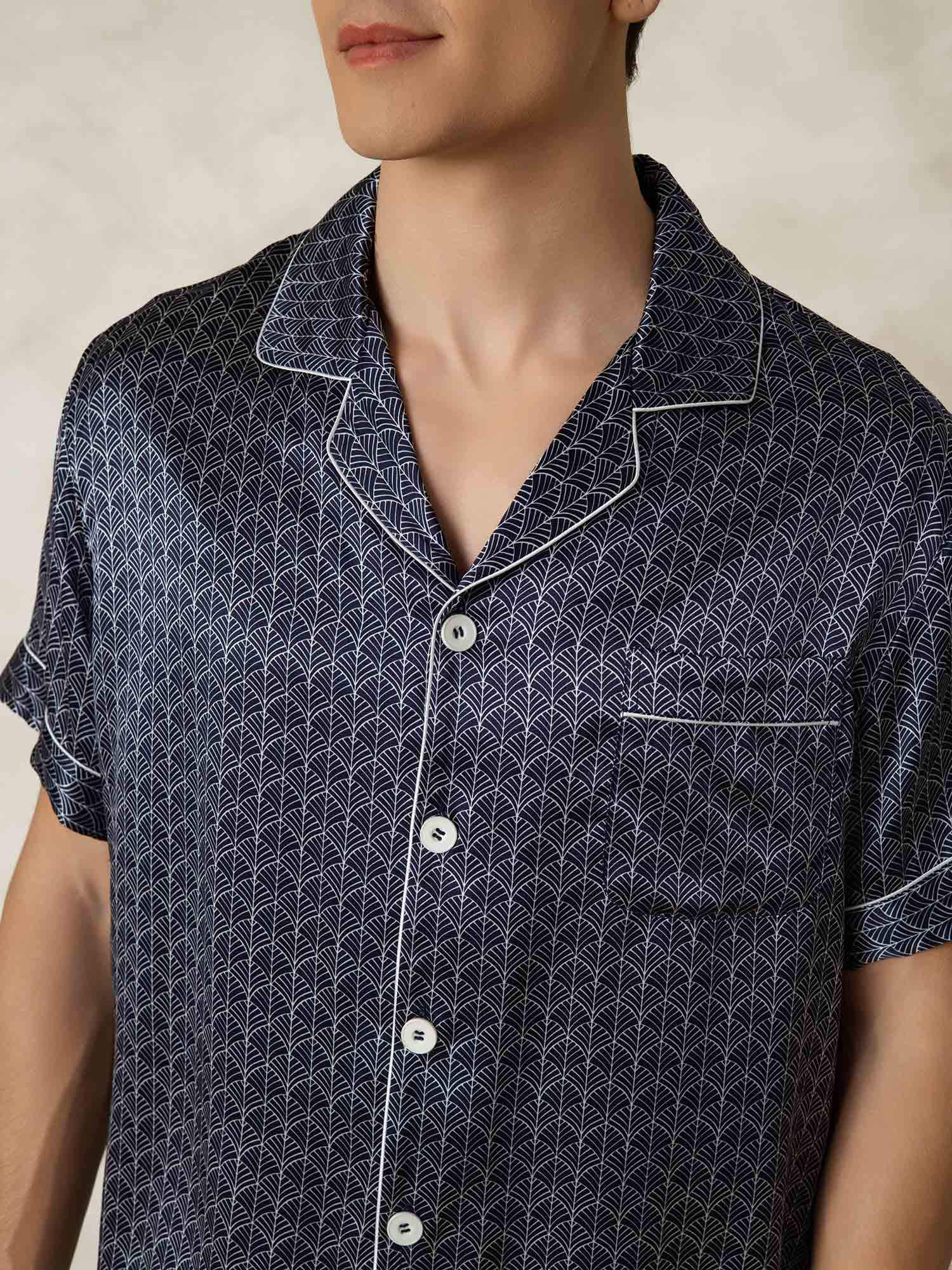 [NavyGinkgo] SilkSilky-UK Pure Silk Collar Men's Pyjamas 007