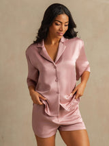 [Peach Skin] SilkSilky-UK 19Momme Machine-Washable Silk Half Sleeve Notch Collar Women's Pyjamas 003