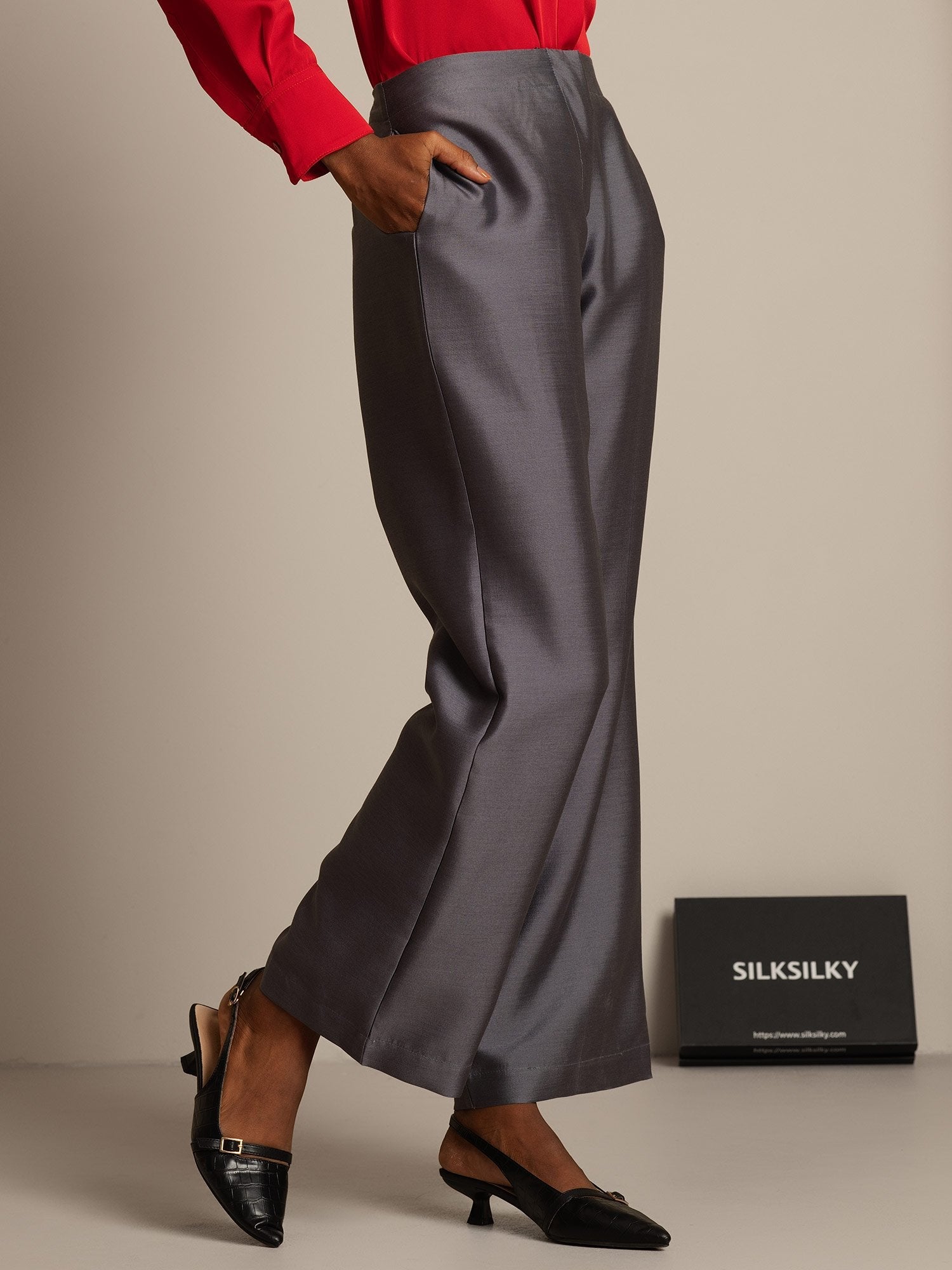 [Gray] SilkSilky-UK 32Momme Silk-Wool Blend Womens Pants 003,