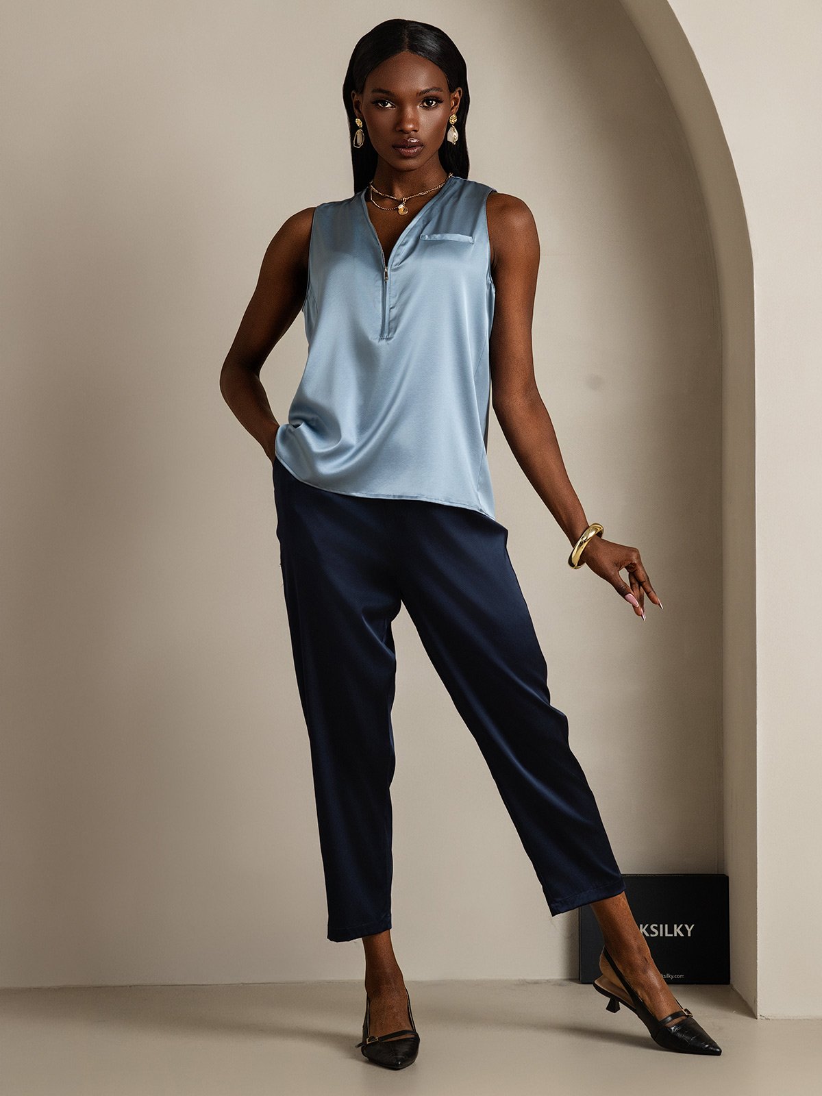SilkSilky-UK 19Momme Silk Sleeveless V Neck Women's Shirt GrayishBlue 005