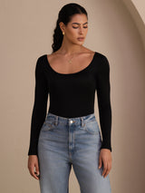 [Black] SilkSilky-UK Long Sleeve U Neck Women's T-Shirt 003