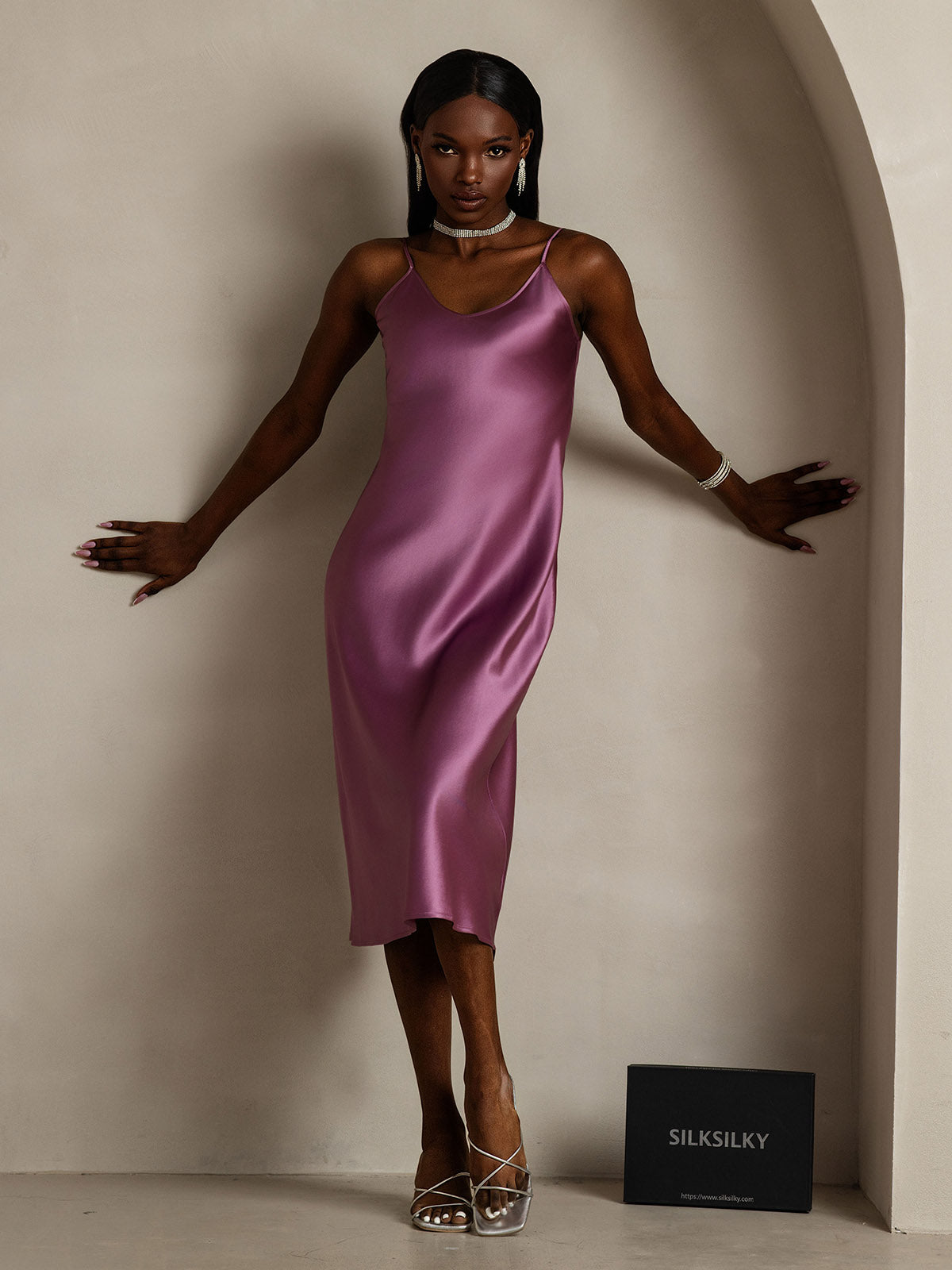 [Deep Purple] SilkSilky-UK Pure Silk Round Neck Dress 005