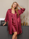 SilkSilky UK Pure Silk 3/4 Sleeve Nightgown&Robe Set Wine 004