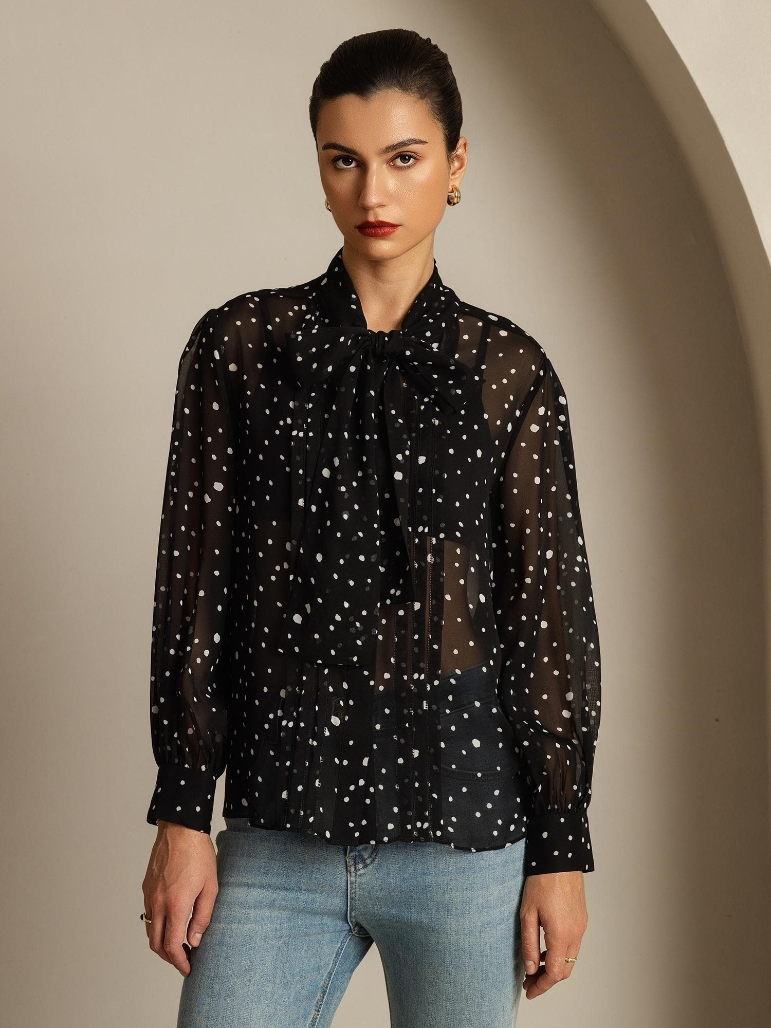 [PolkaDot] SilkSilky-UK Pure Silk Tie Neck Women's Shirt 003