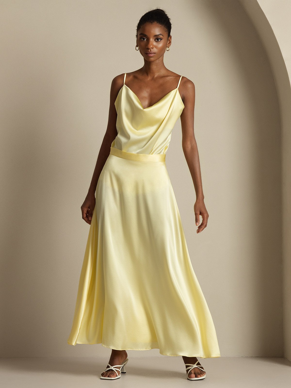 [Light Yellow] SilkSilky-UK 19Momme Silk Knitted Cowl Neck Women''s Outfit Sets 001,