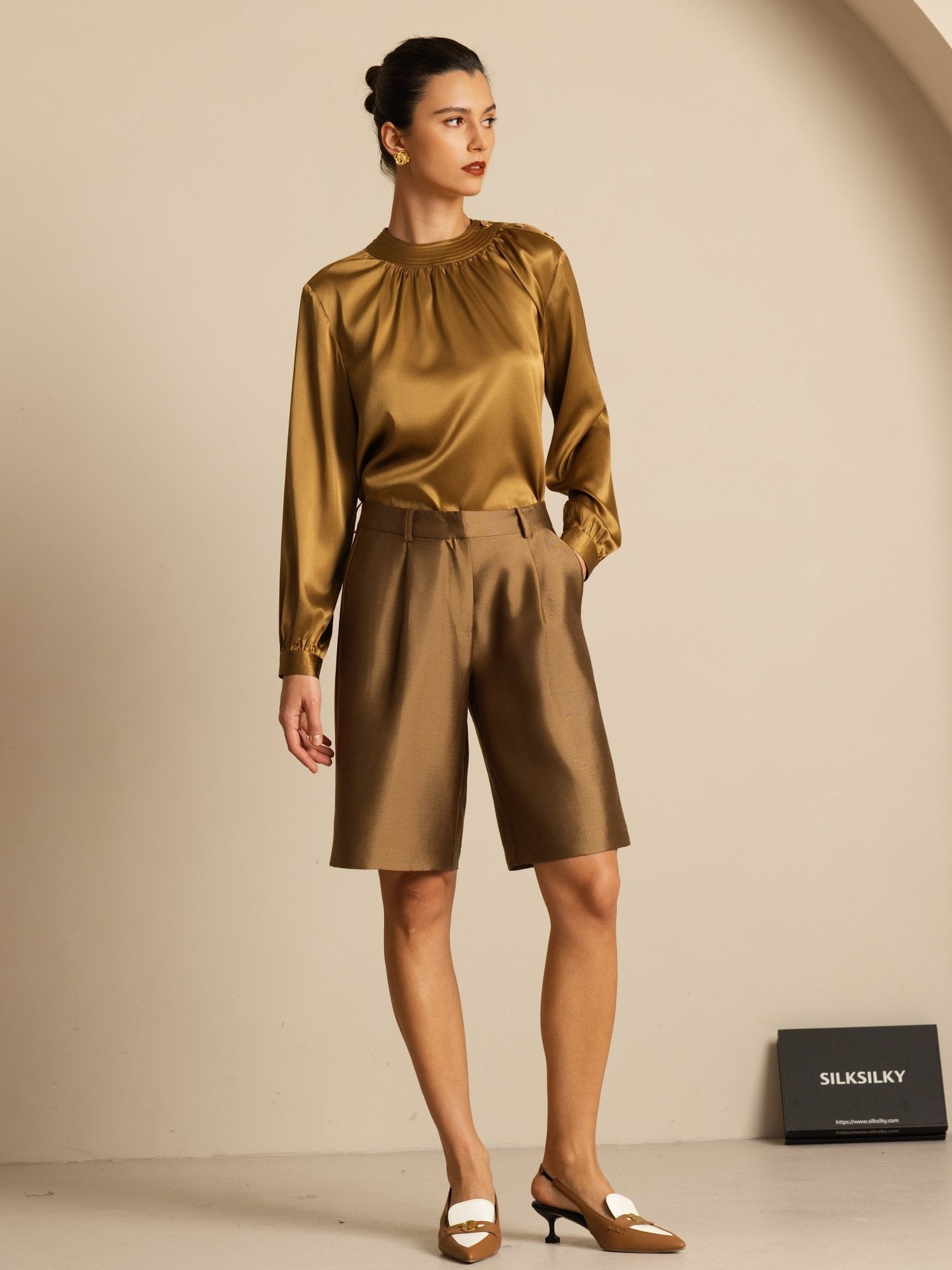 [Bronze] SilkSilky-UK 19Momme Silk Long Sleeve Round Neck Blouse 007