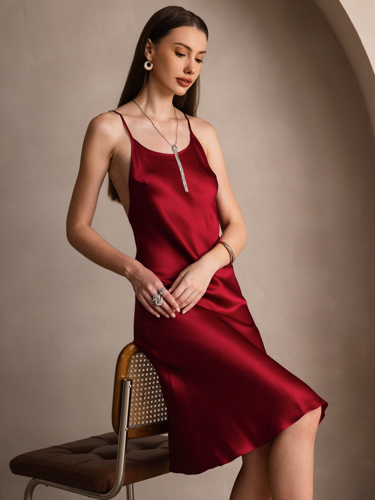 [Wine] SilkSilky-UK Pure Silk Round Neck Dress 001