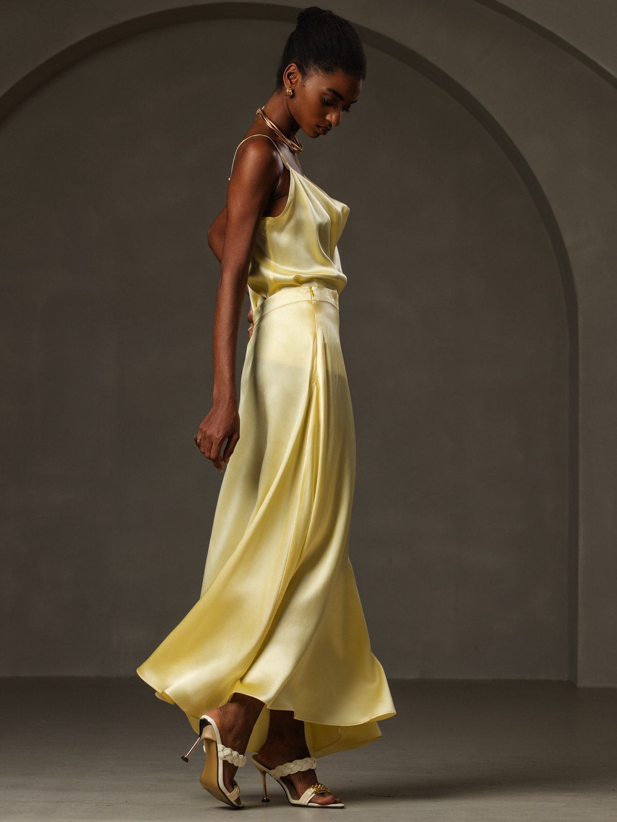 [Yellow] SilkSilky-UK 19Momme Stretch Silk Charmeuse Spaghetti Strap Cowl Neck Camisole 006