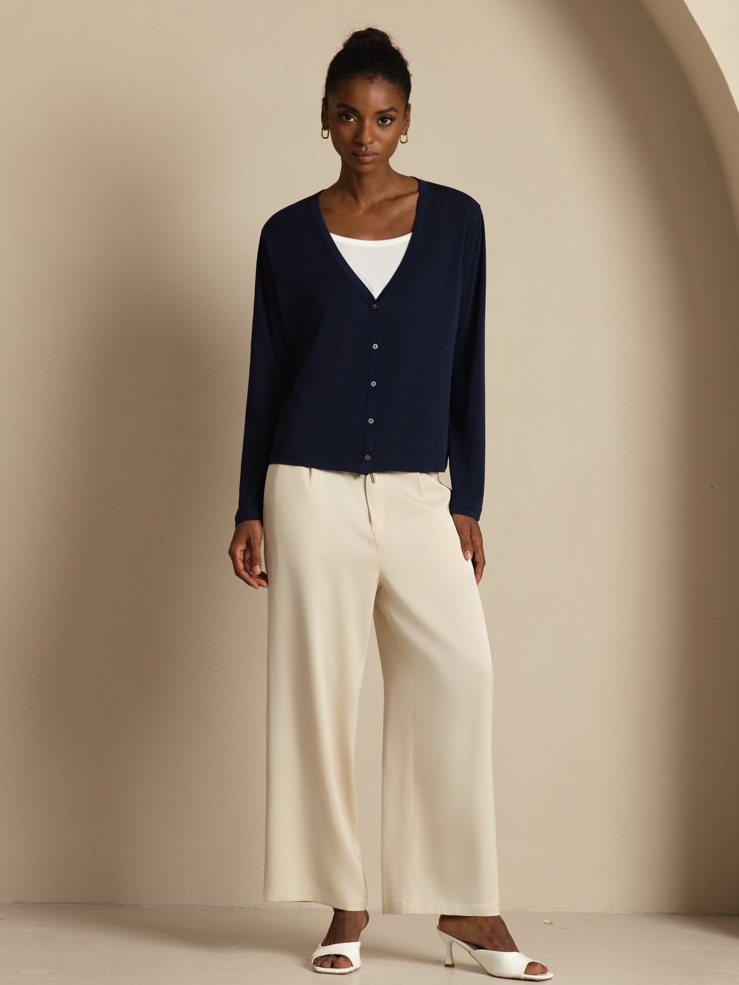 [DarkBlue] SilkSilky-UK 19Momme 100% High-Twist Silk Jersey Long Sleeve V Neck Women's Cardigan 008