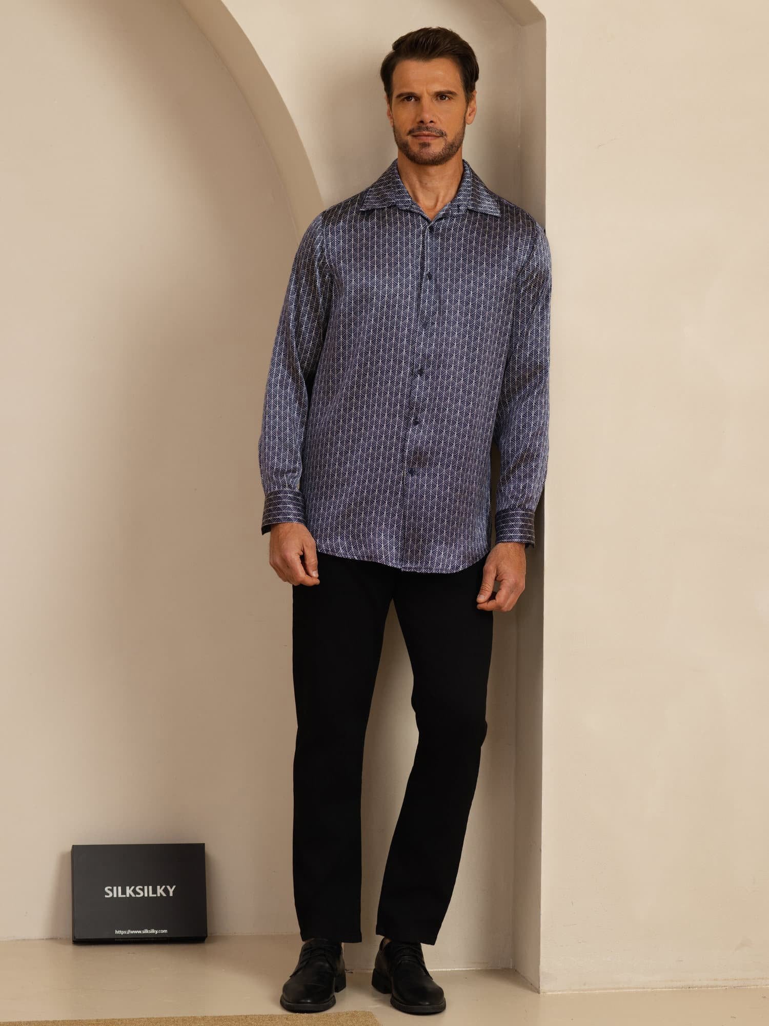 [Navy Ginkgo] SilkSilky-UK Long Sleeve Lapel Collar Men's Shirt 006