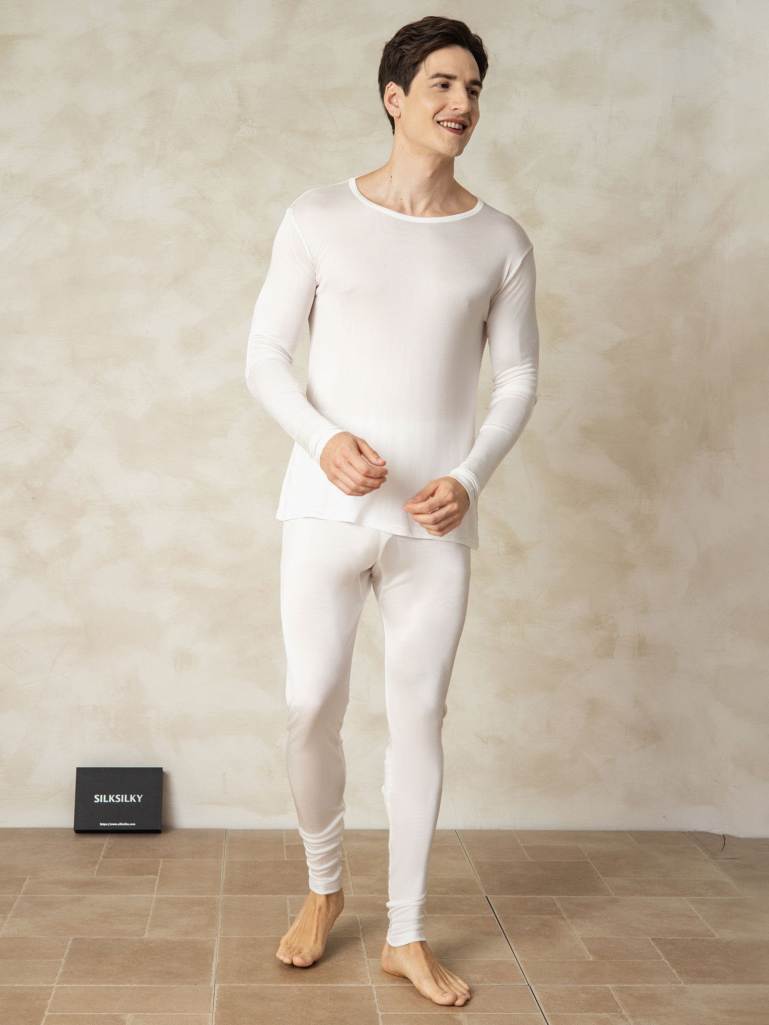 [White] SilkSilky-UK Silk Knitted Round Neck Men's Pyjamas 002