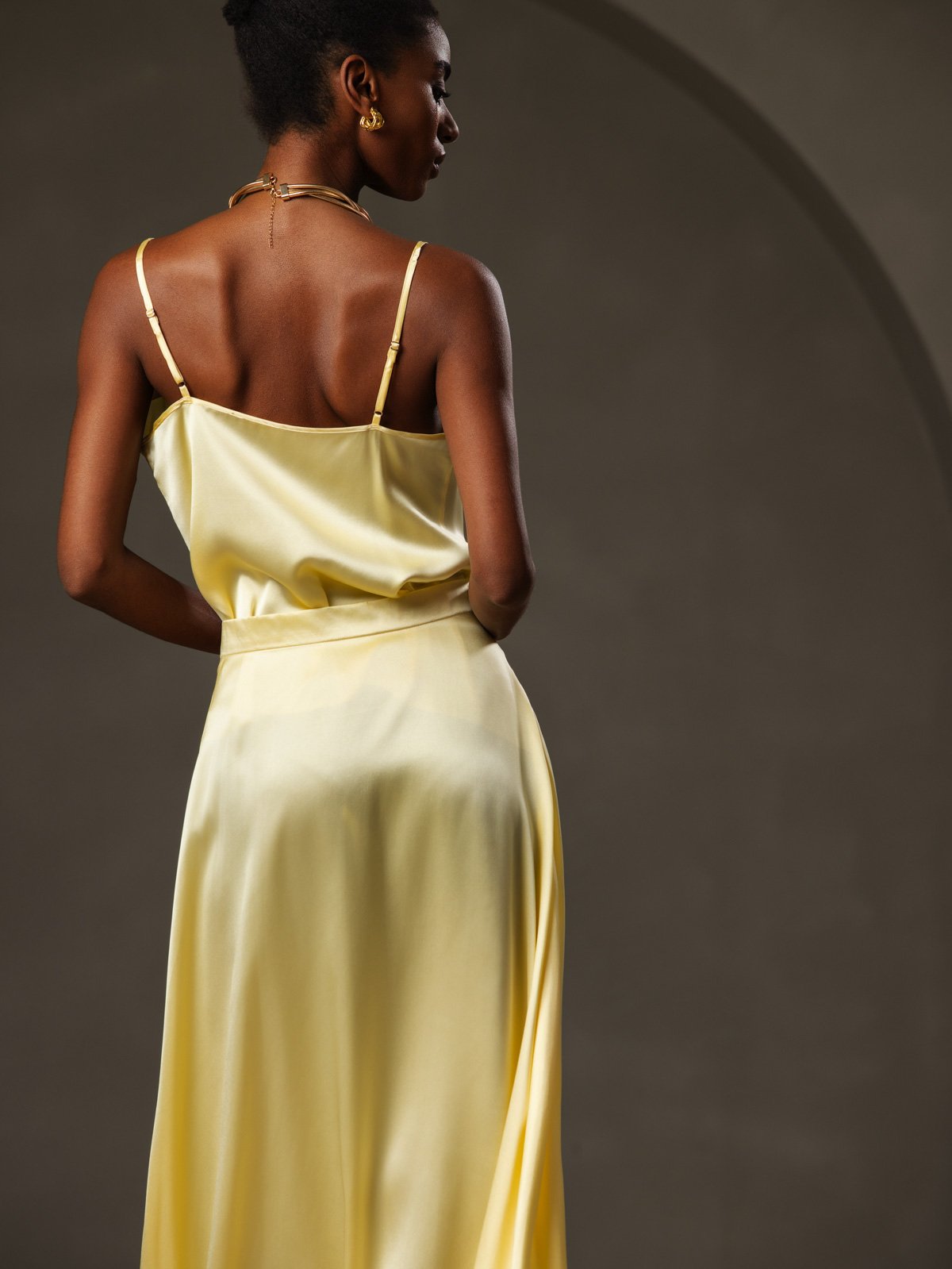 [Yellow] SilkSilky-UK 19Momme Stretch Silk Charmeuse Spaghetti Strap Cowl Neck Camisole 004