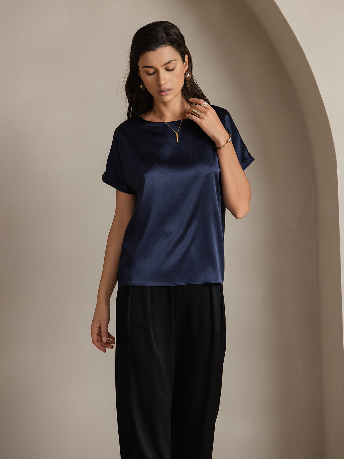 [Dark Blue] SilkSilky-UK 19Momme Silk Short Sleeve Round Neck Women's T-Shirt 003