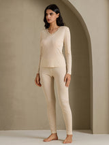 [Beige] SilkSilky-UK Long Sleeve V Neck Women's Long Johns 007