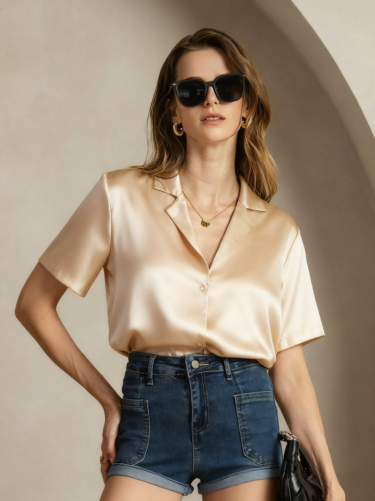 [Champagne] SilkSilky-UK 19Momme Silk Notched Neck Women's Shirt 005