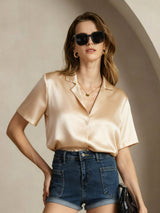 [Champagne] SilkSilky-UK Short Sleeve Lapel Collar Women's Shirt 005