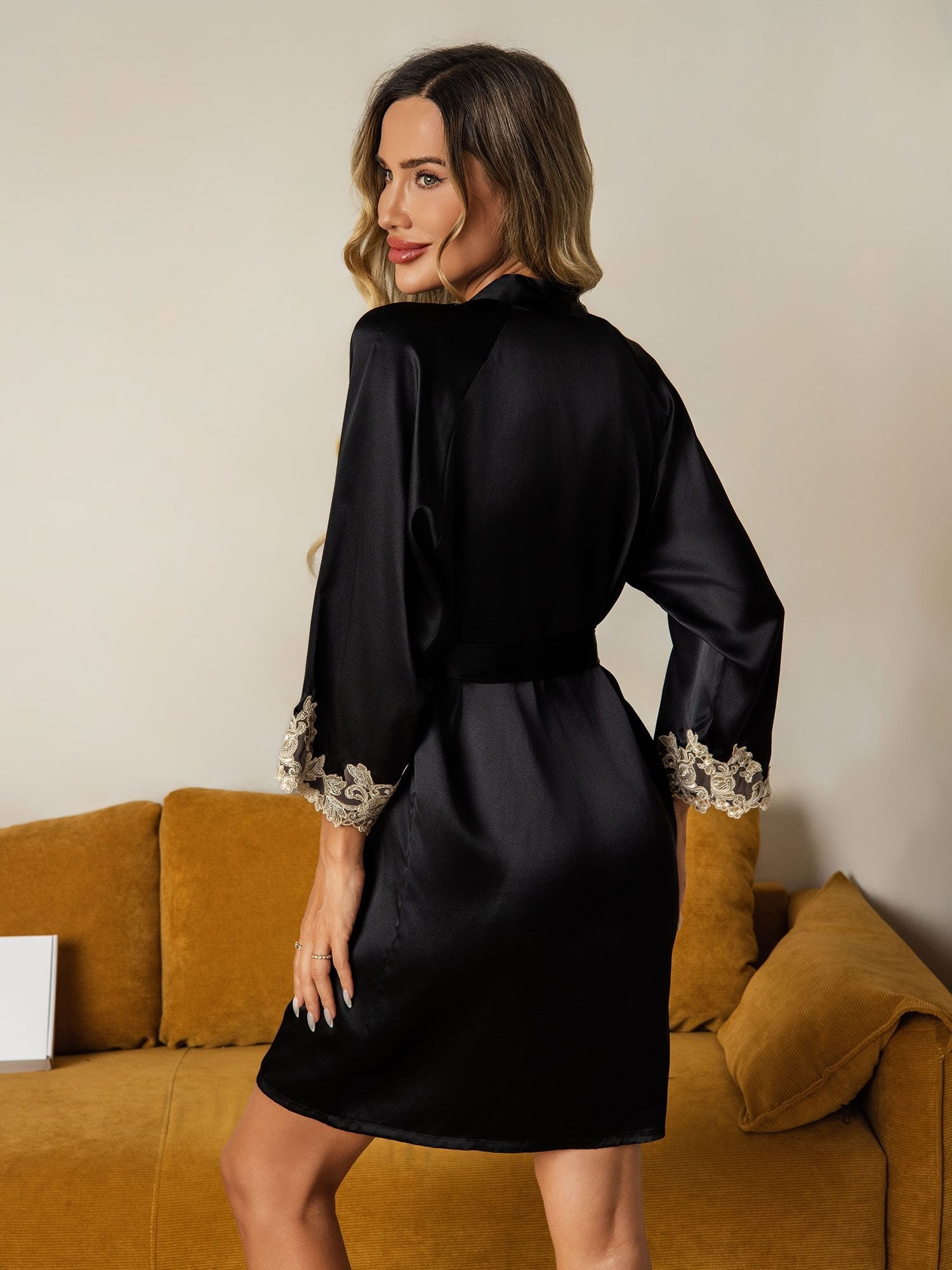 [Black] SilkSilky-UK Pure Silk Wrap Women's Dressing Gown 002