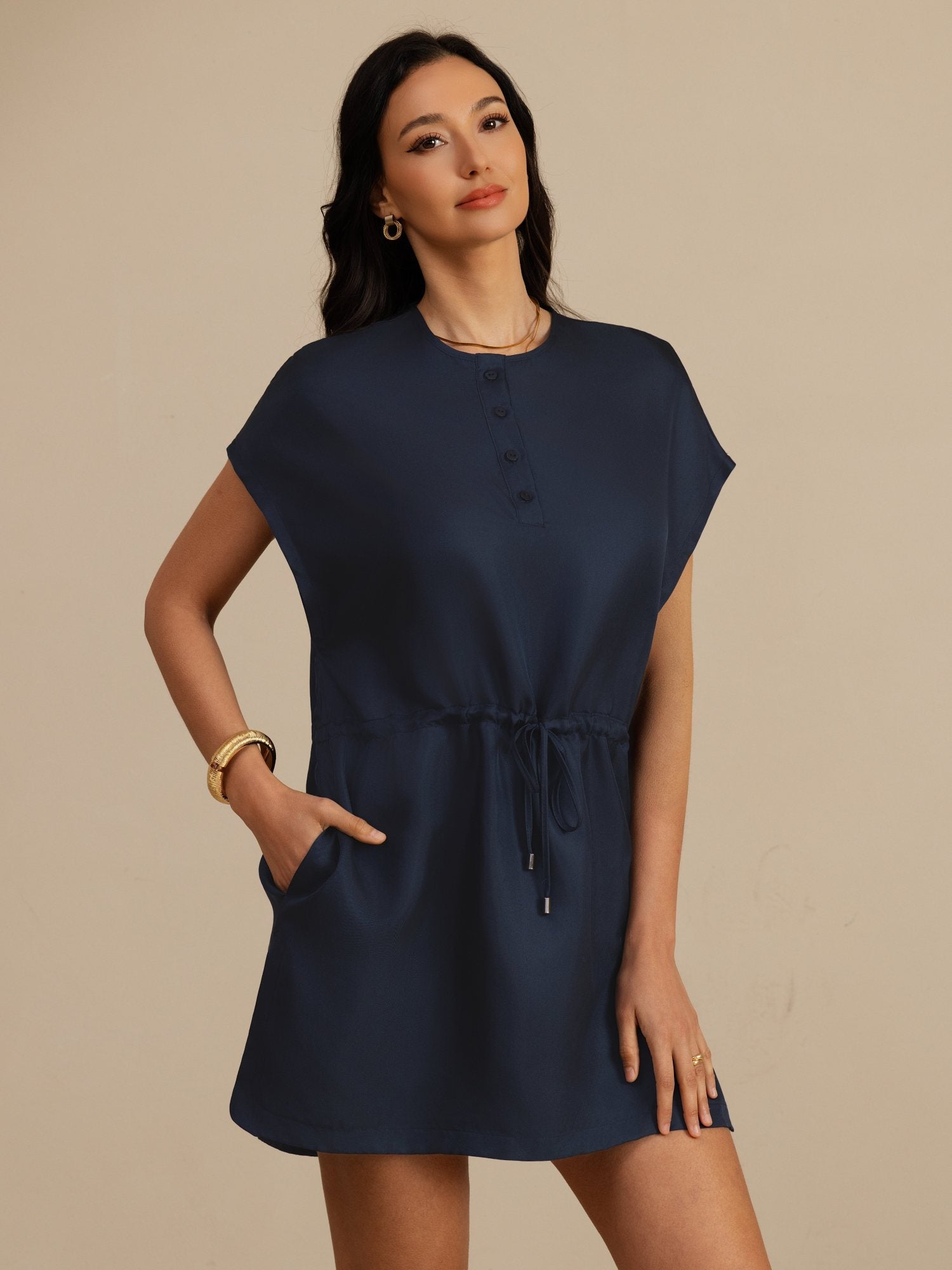 [Dark Blue] SilkSilky-UK 18Momme Silk Satin Surah Cap Sleeve Henley Neck Dress 003