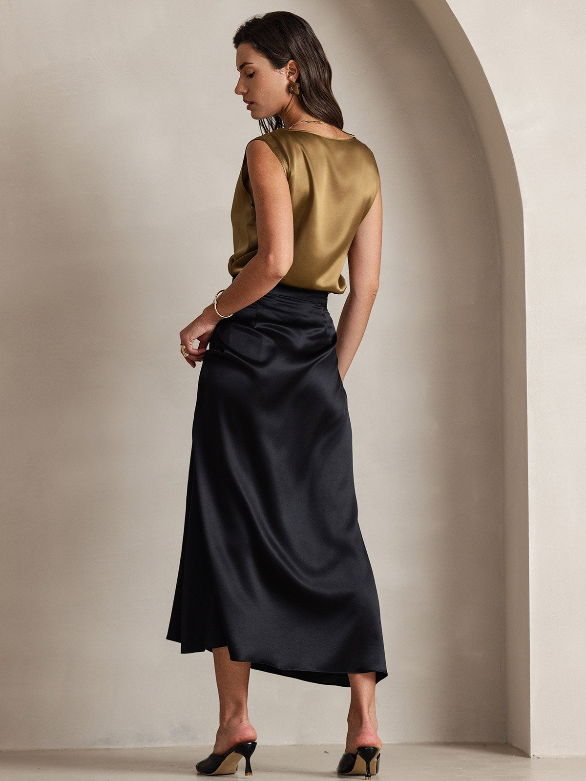 [Black] SilkSilky-UK 19Momme Stretch Silk Charmeuse Skirt 002