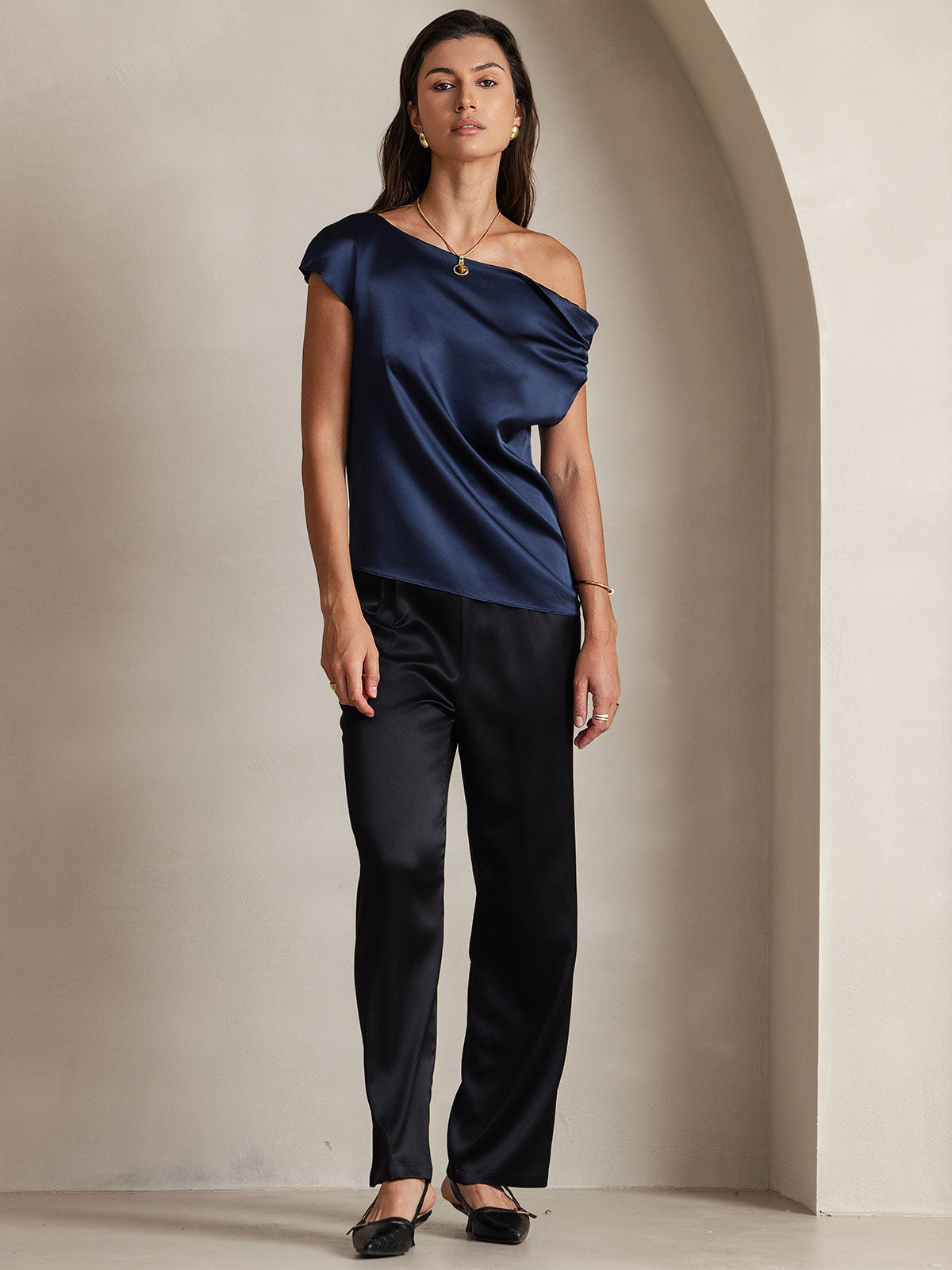 SilkSilky-UK 19Momme Silk Sleeveless One Shoulder Women's T-Shirt DarkBlue 005