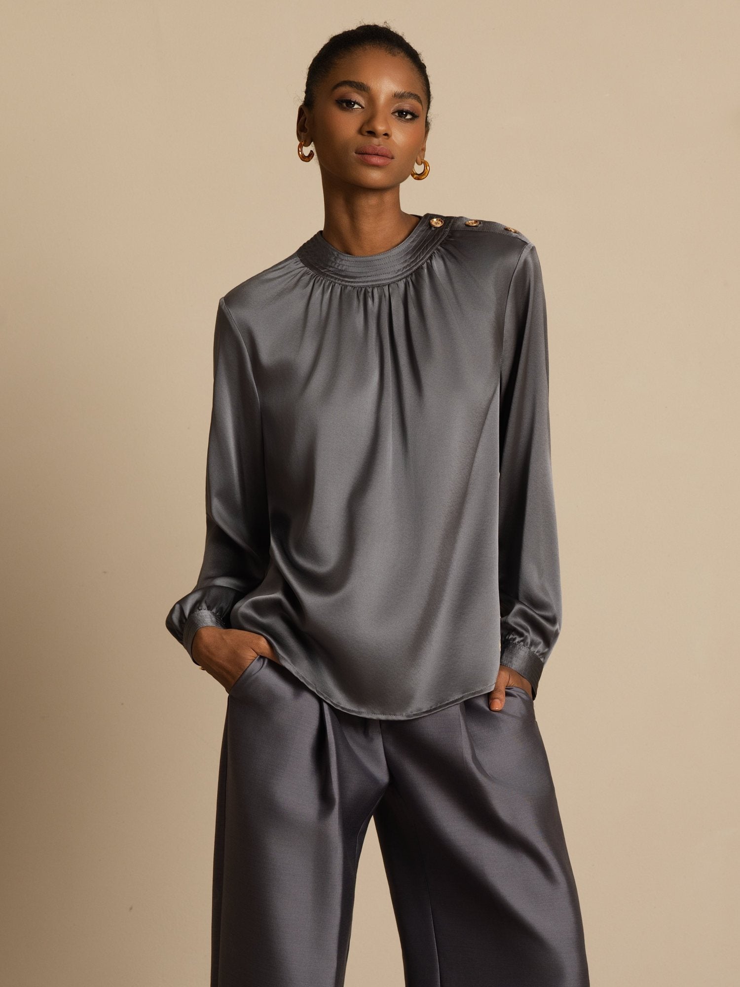 [DarkGray] SilkSilky-UK 19Momme Silk Long Sleeve Round Neck Blouse 004