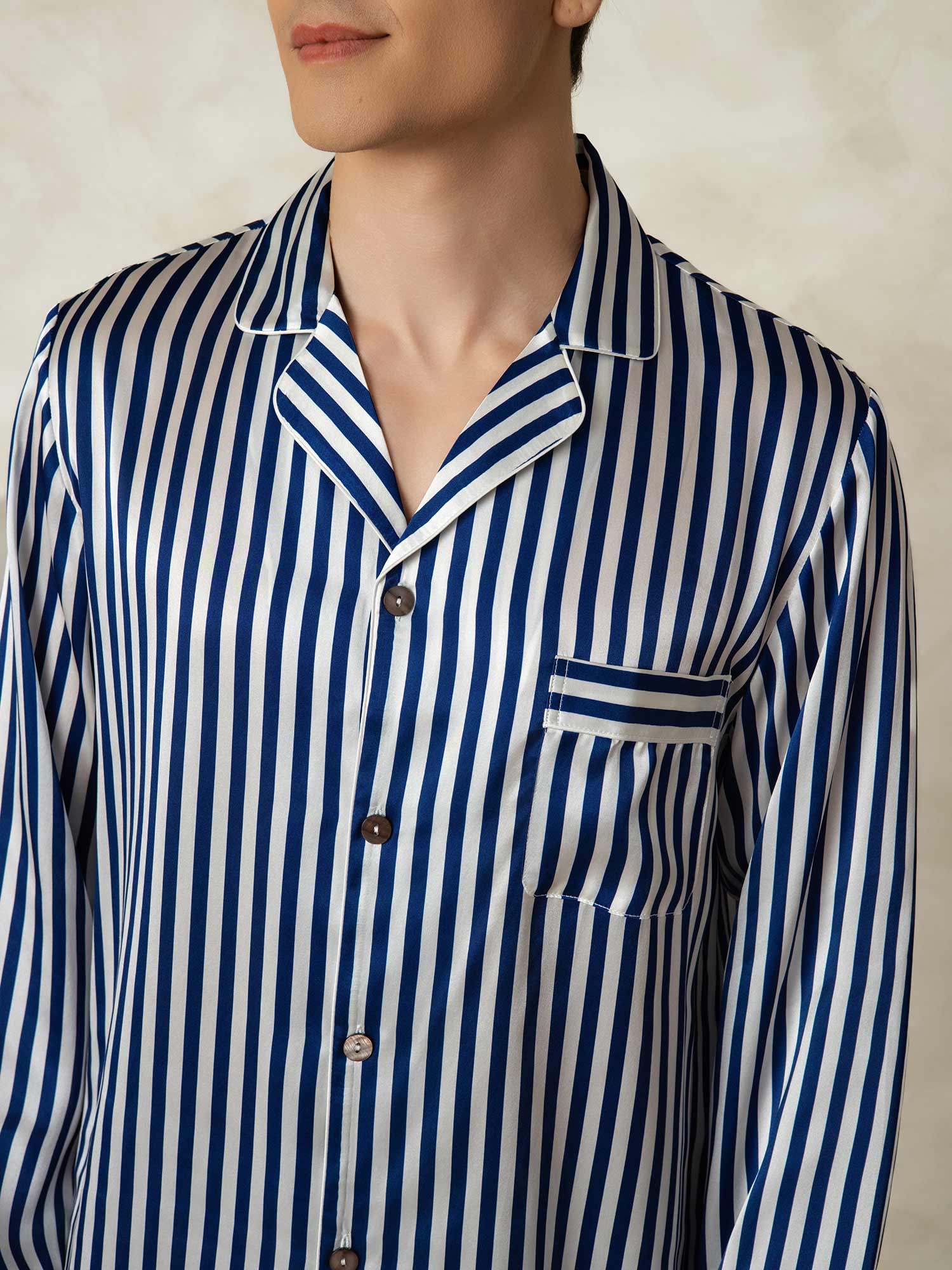 [Navy Stripe] SilkSilky-UK 19Momme Pure Silk Mens Pajamas 006