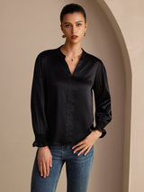 [Black] SilkSilky-UK Long Sleeve Split Women's Blouse 003