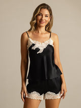 [Black] SilkSilky-UK Spaghetti Strap V Neck Camisole Set 001
