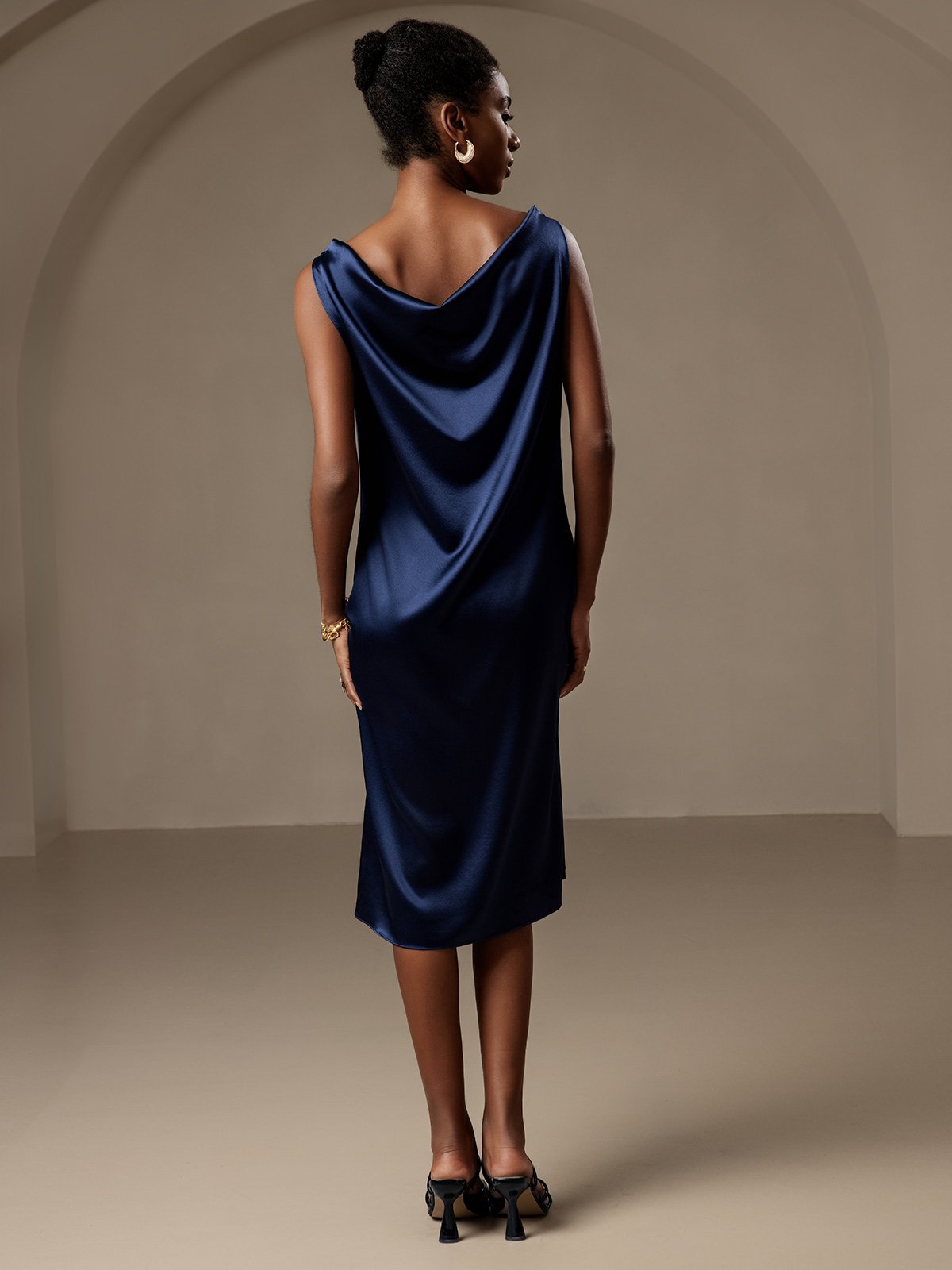 [Dark Blue] SilkSilky-UK 19Momme Sleeveless Cowl Neck Dress 002