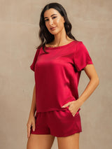 [Wine] SilkSilky-UK 19Momme Machine-Washable Silk Short Sleeve Round Neck Women's Pyjamas 003