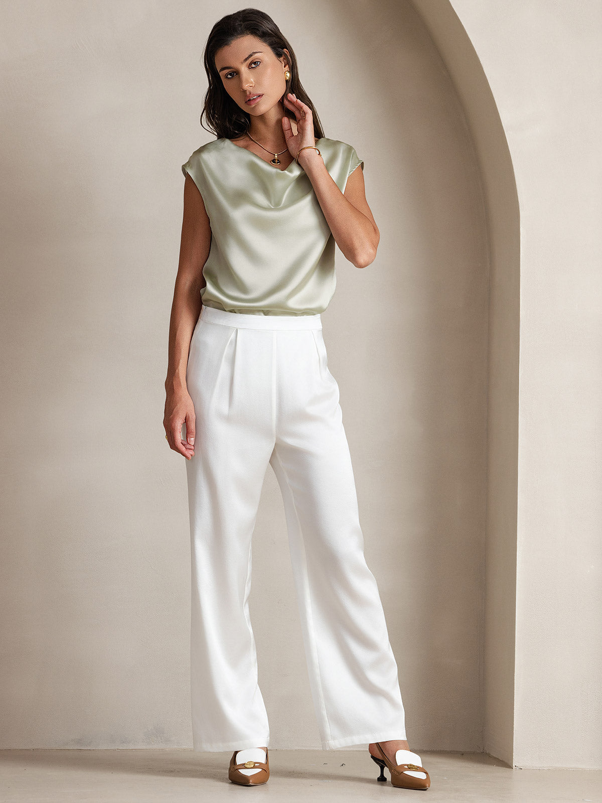 [Light Green] SilkSilky-UK 19Momme Silk Cap Sleeve Cowl Neck Women's T-Shirt 008